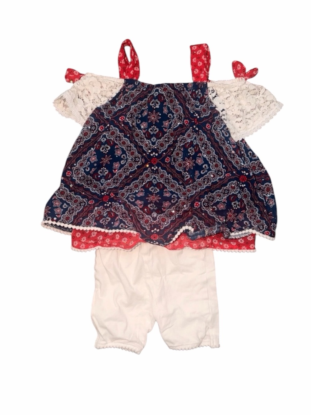 Little Lass Navy Red Bandana Print Top White Pants Set 2T